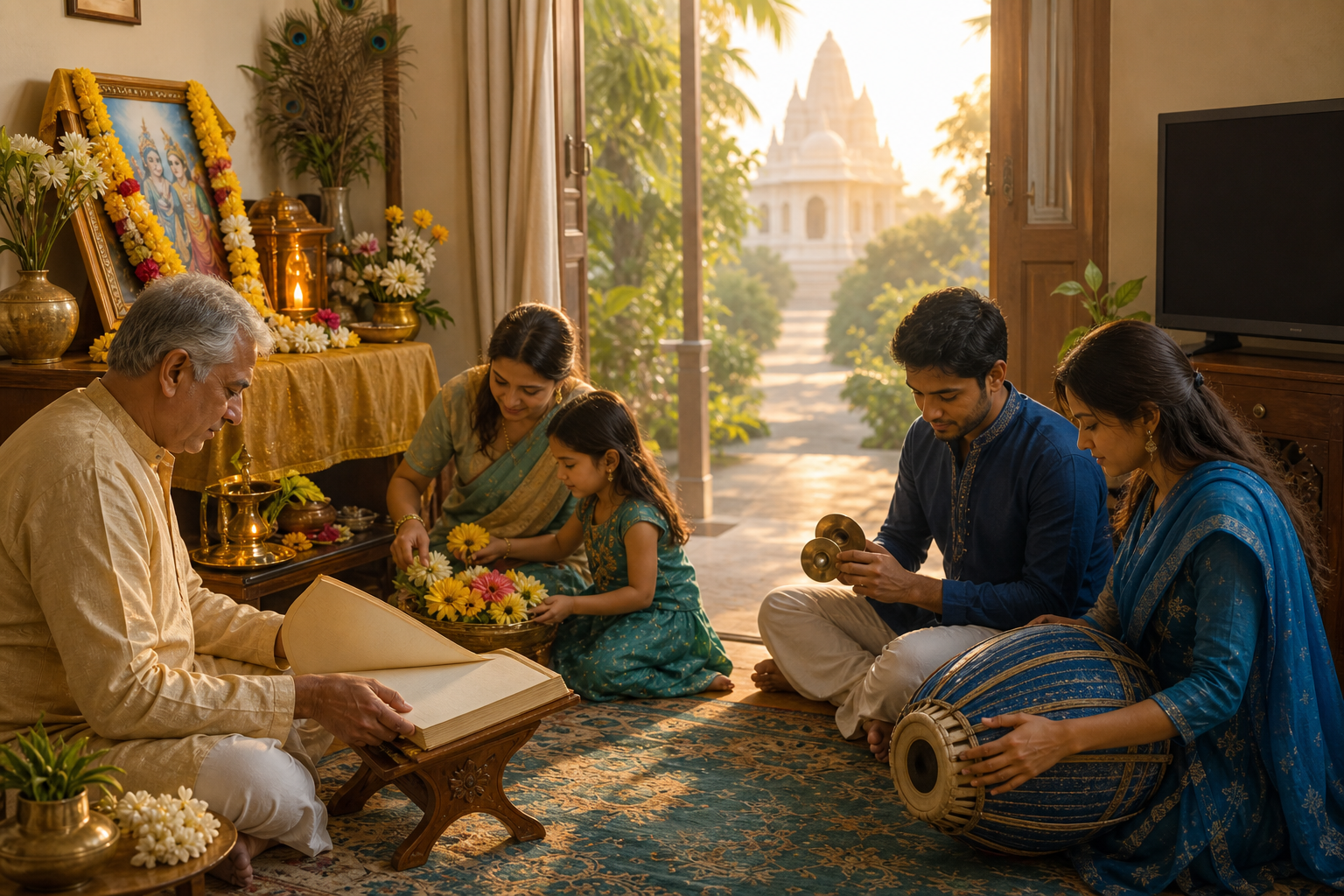 Devotees prepare flowers, scripture, hand cymbals, and a drum for shared worship while an inactive screen stands at the edge of the room.