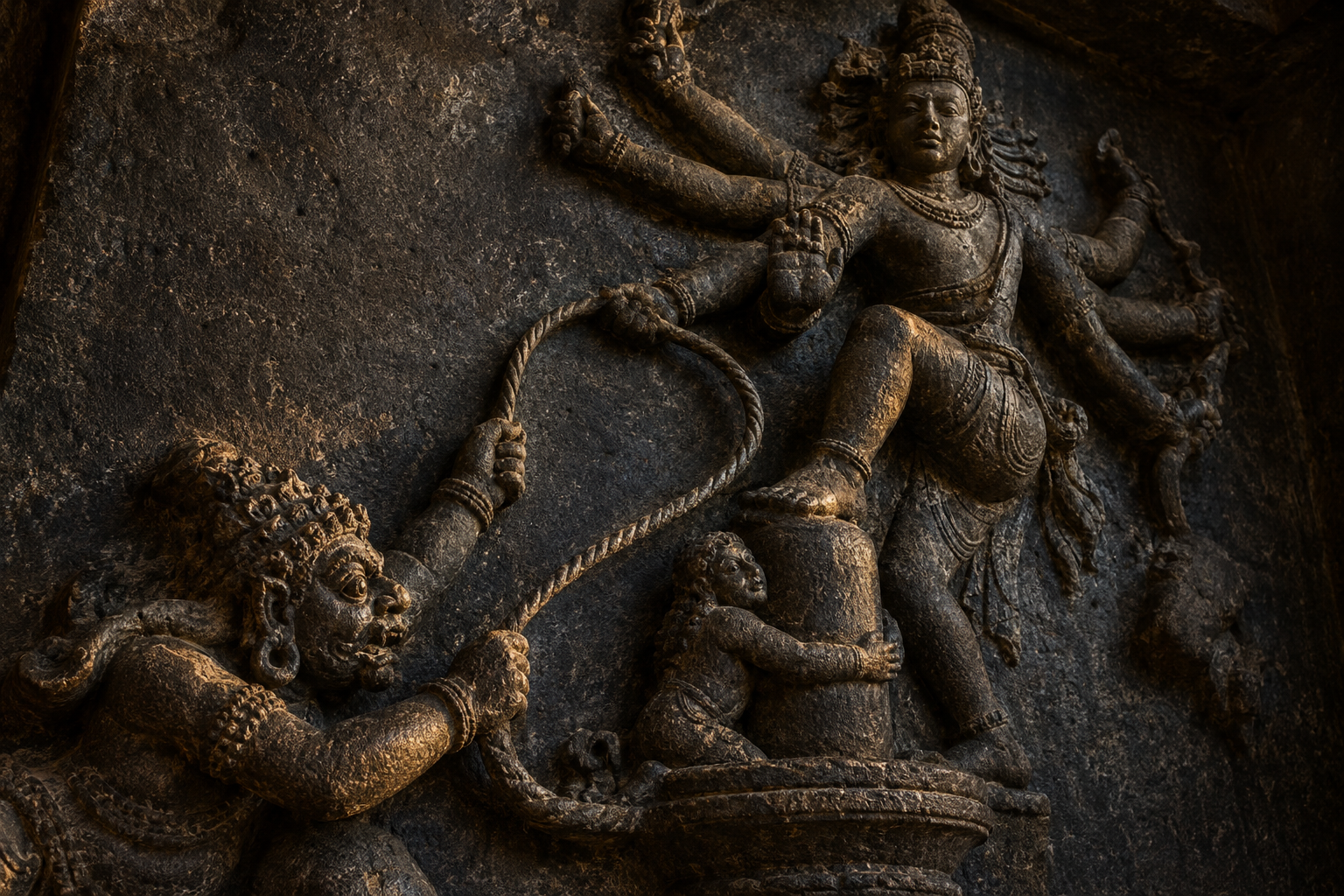 Oblique view of a stone relief in which a noose curves from the recoiling death figure toward Markandeya at the linga and upward to Shiva.