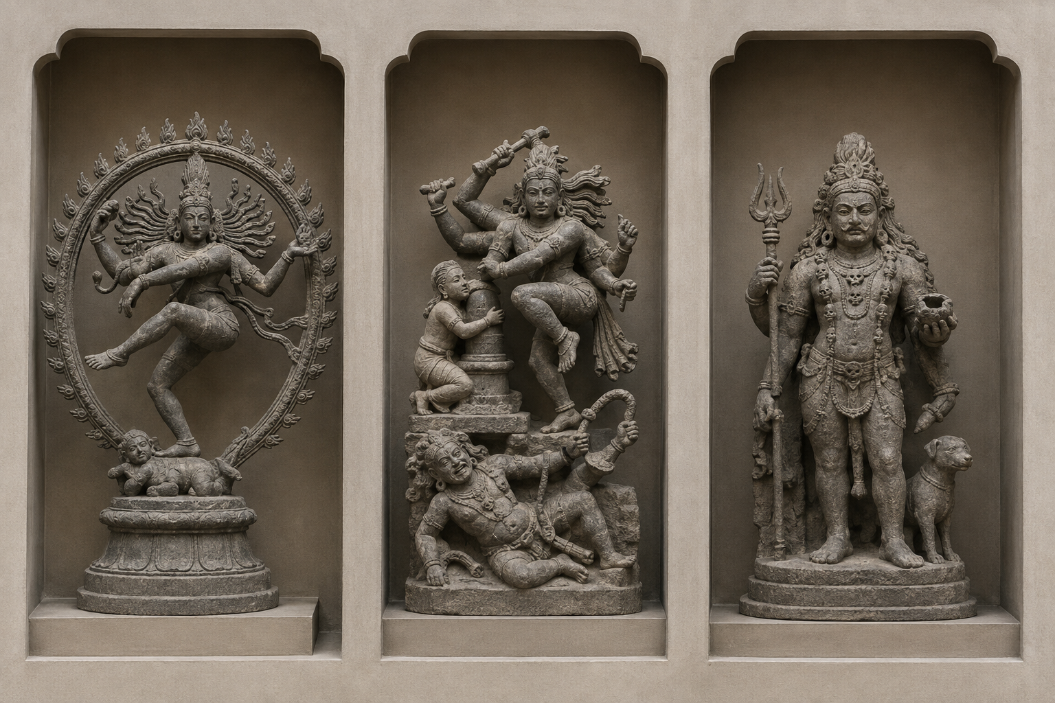 Three stone niches display Nataraja within a ring of flames, Kalasamhara with Markandeya and the recoiling death deity, and standing Bhairava with a dog.