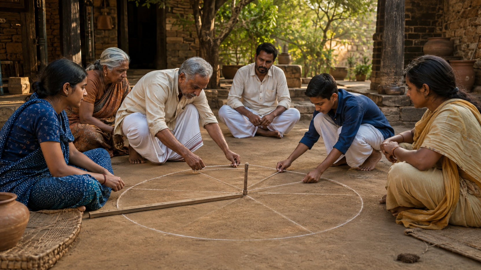A teacher uses cord and a wooden stake to demonstrate a geometric construction to learners in a shaded Indian courtyard.
