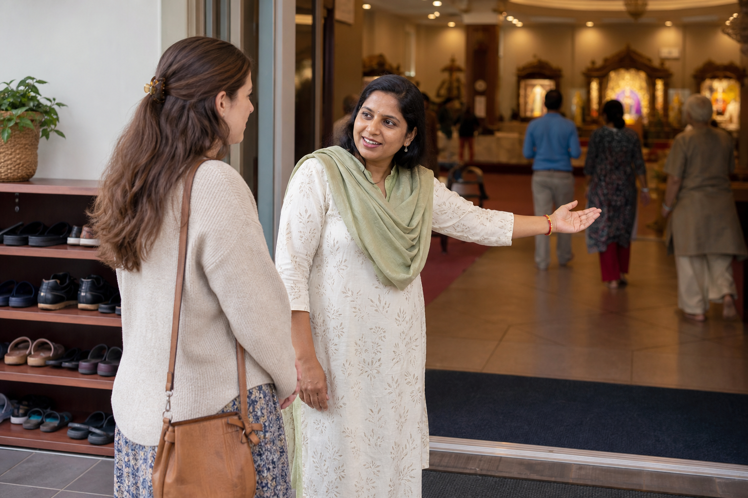 A temple volunteer welcomes a visitor in a foyer where footwear is neatly arranged near the entrance.