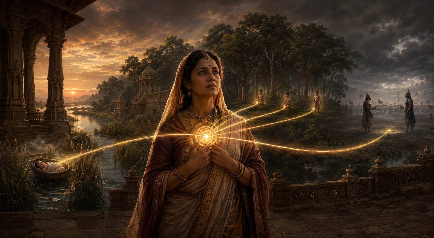 Kunti stands with a glowing circle near her heart as paths of light lead toward a river basket, forest princes, and two opposing warriors.