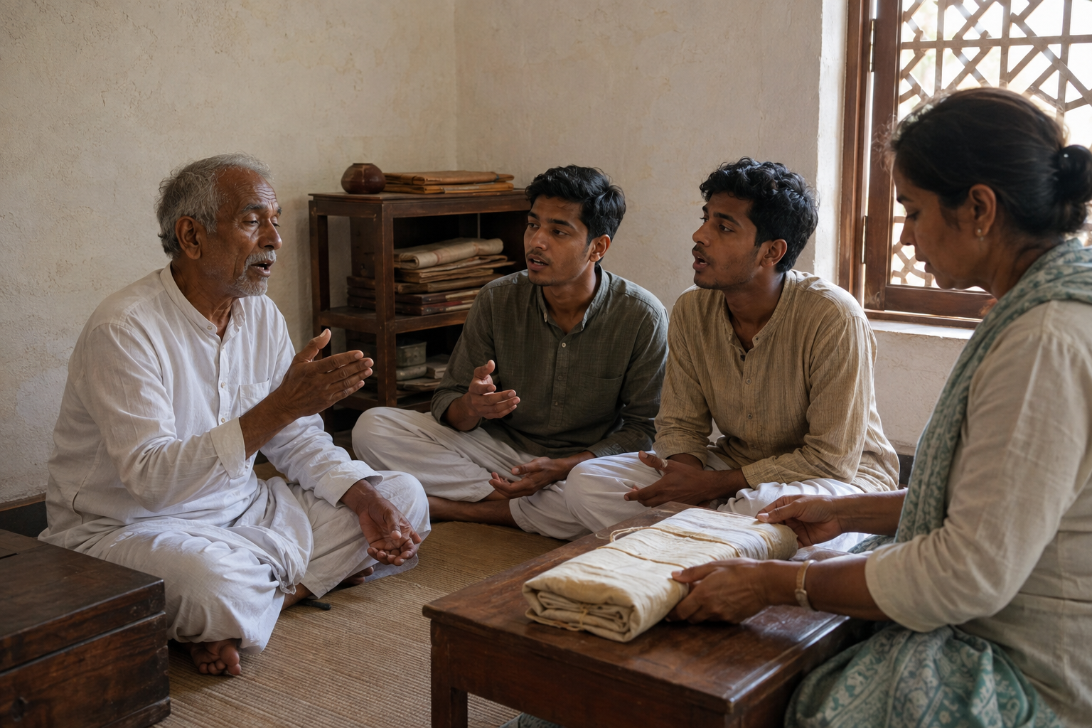 An oral-tradition teacher guides two learners beside a conservator and a wrapped palm-leaf manuscript bundle.