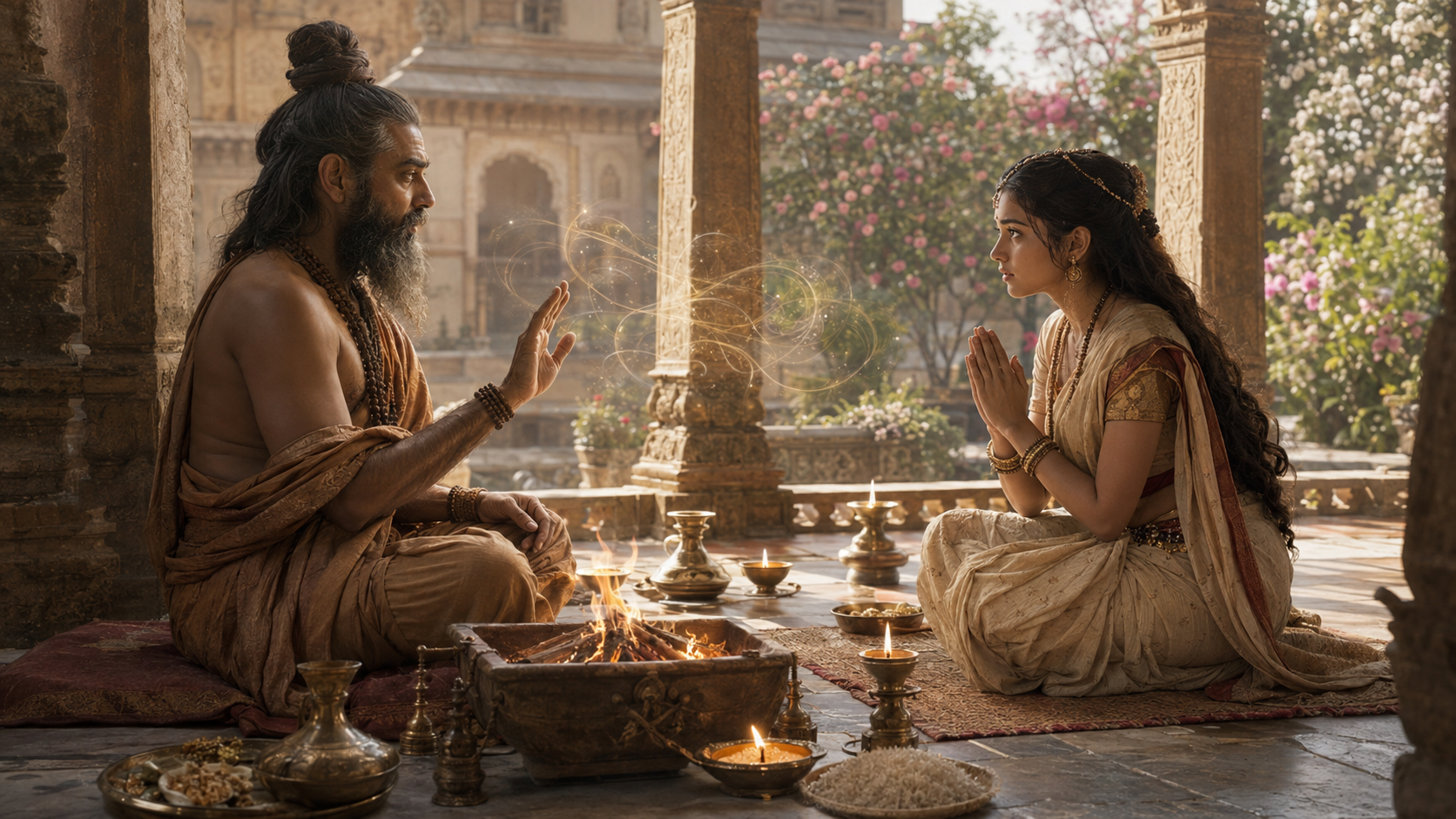 Young Kunti kneels before the sage Durvasa beside a ritual fire as a soft glow symbolizes the mantra he is teaching her.