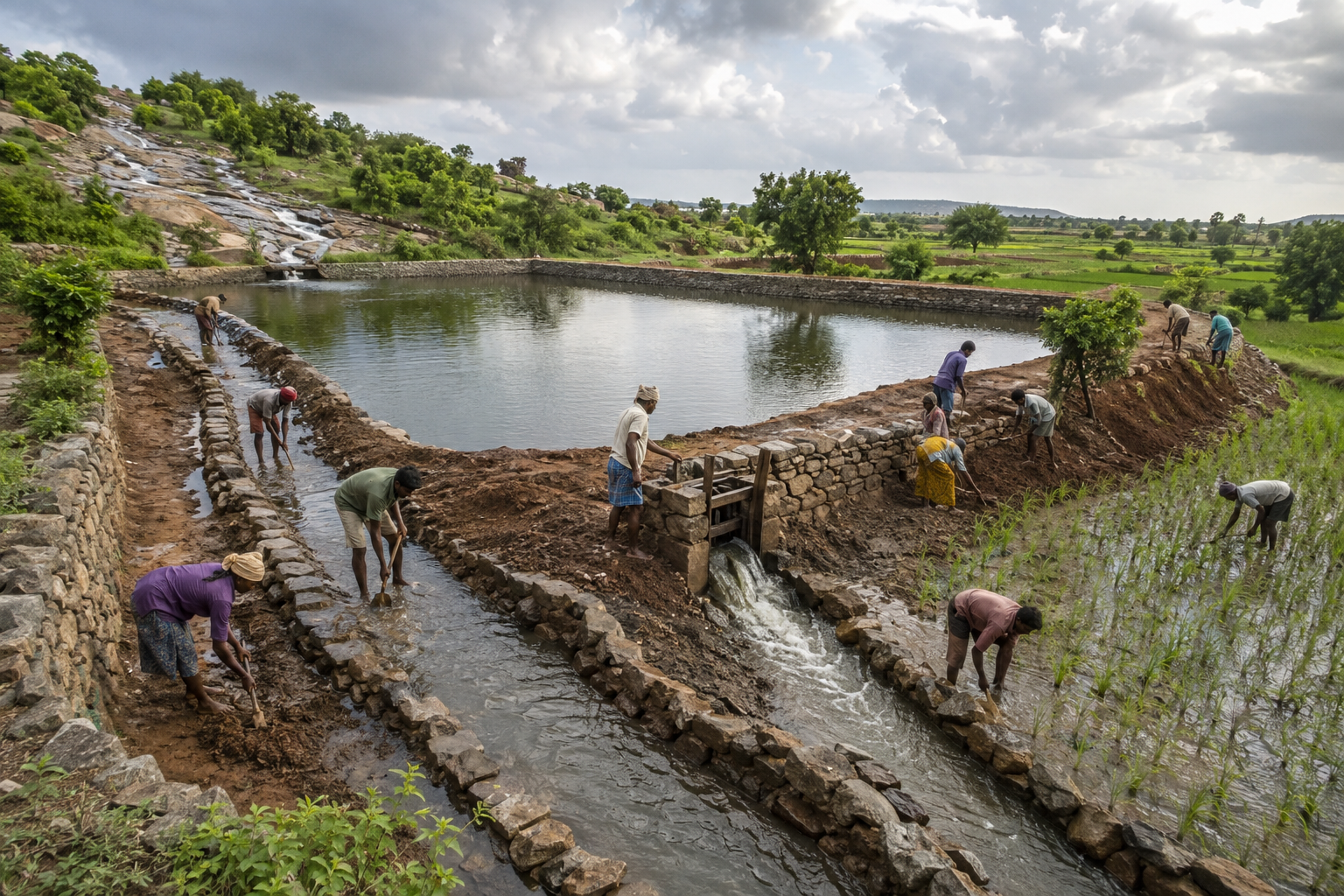 Residents maintain a rainwater tank, earthen bund, and irrigation channels that feed cultivated fields in India.