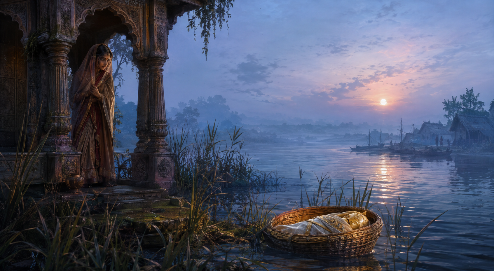 A sorrowful young Kunti watches from a riverside pavilion as an infant in a covered basket drifts among the reeds at dawn.