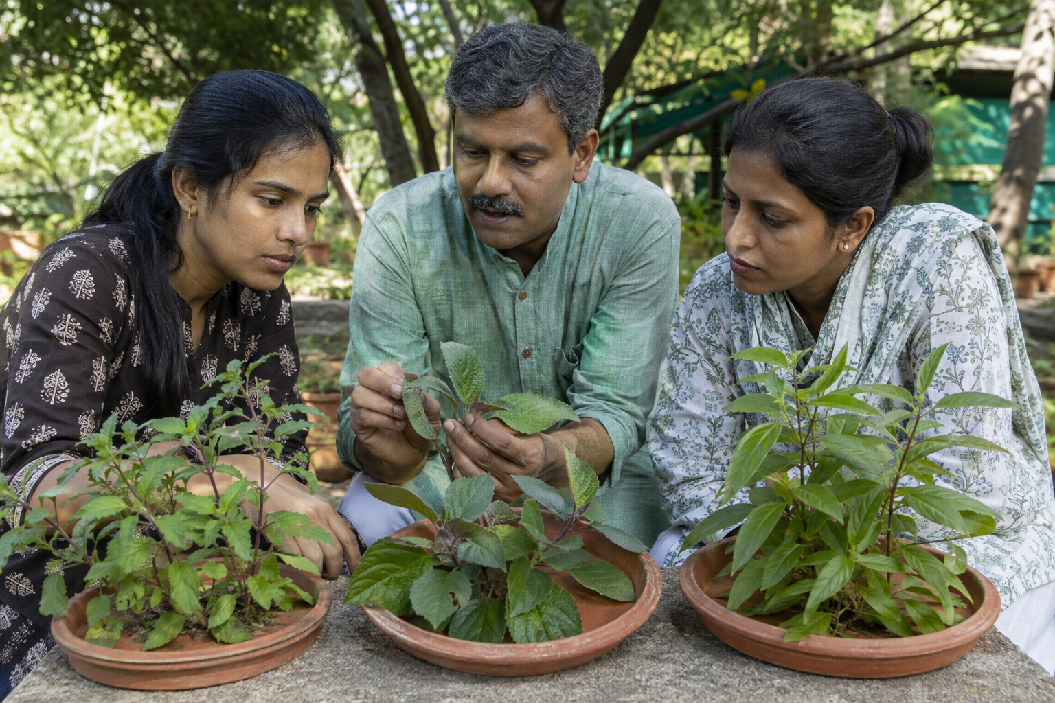 A plant specialist teaches two learners to distinguish similar plants by examining their leaves and stems in a garden.