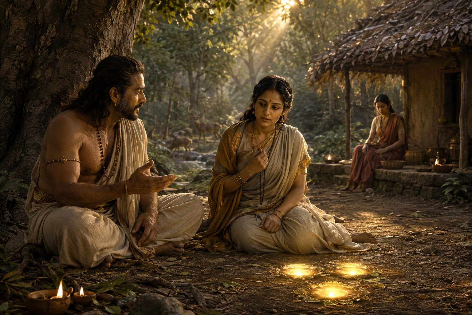 Pandu and Kunti speak beneath a forest tree while three pools of golden light appear near their hermitage and Madri stands in the background.