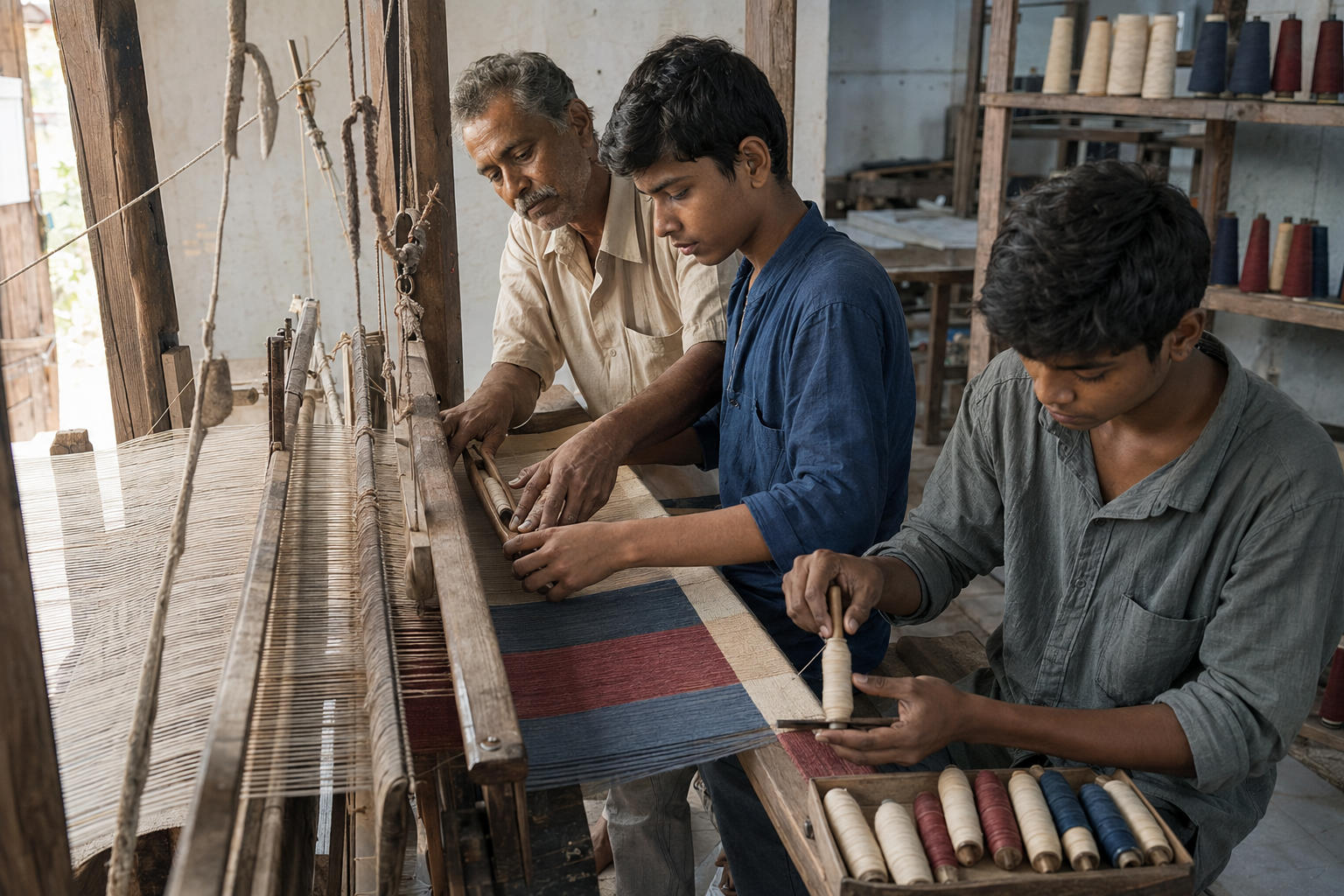 A master weaver guides an apprentice at a working wooden handloom while another learner prepares bobbins.
