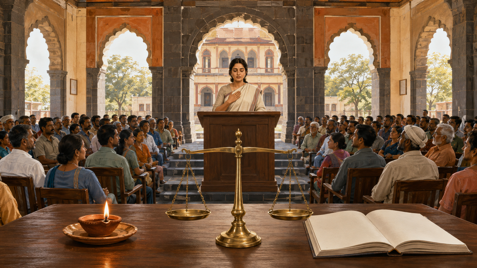 A fictional woman civic official addresses a diverse audience in a Maharashtra municipal hall, with a diya and a balanced brass scale beside an open blank ledger in the foreground.