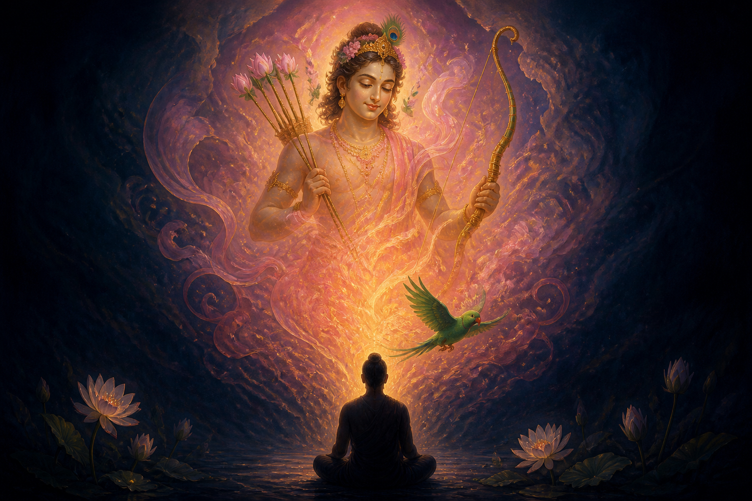 A luminous form of Kamadeva with a sugarcane bow and flower arrows appears above a meditating silhouette while a green parrot emerges toward a garden.