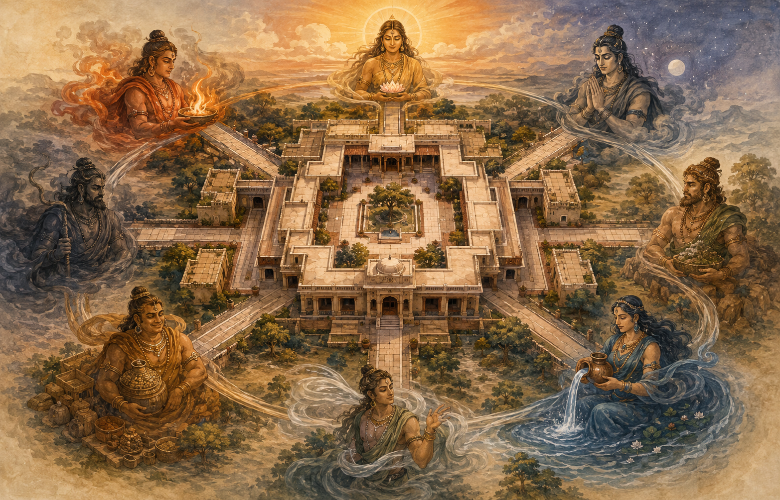 An illustrated courtyard house surrounded by eight symbolic guardian figures connected by pathways across the cardinal and diagonal directions.