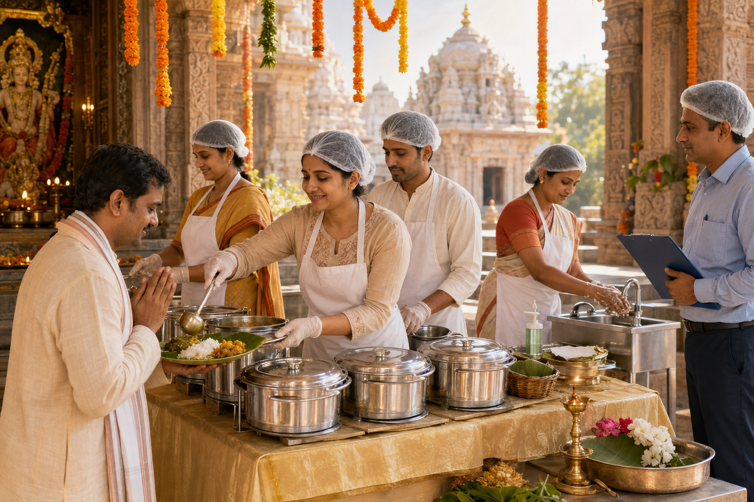 Temple volunteers serve Mahaprasad from covered vessels while devotees gather and a food-safety inspector observes the meal service.