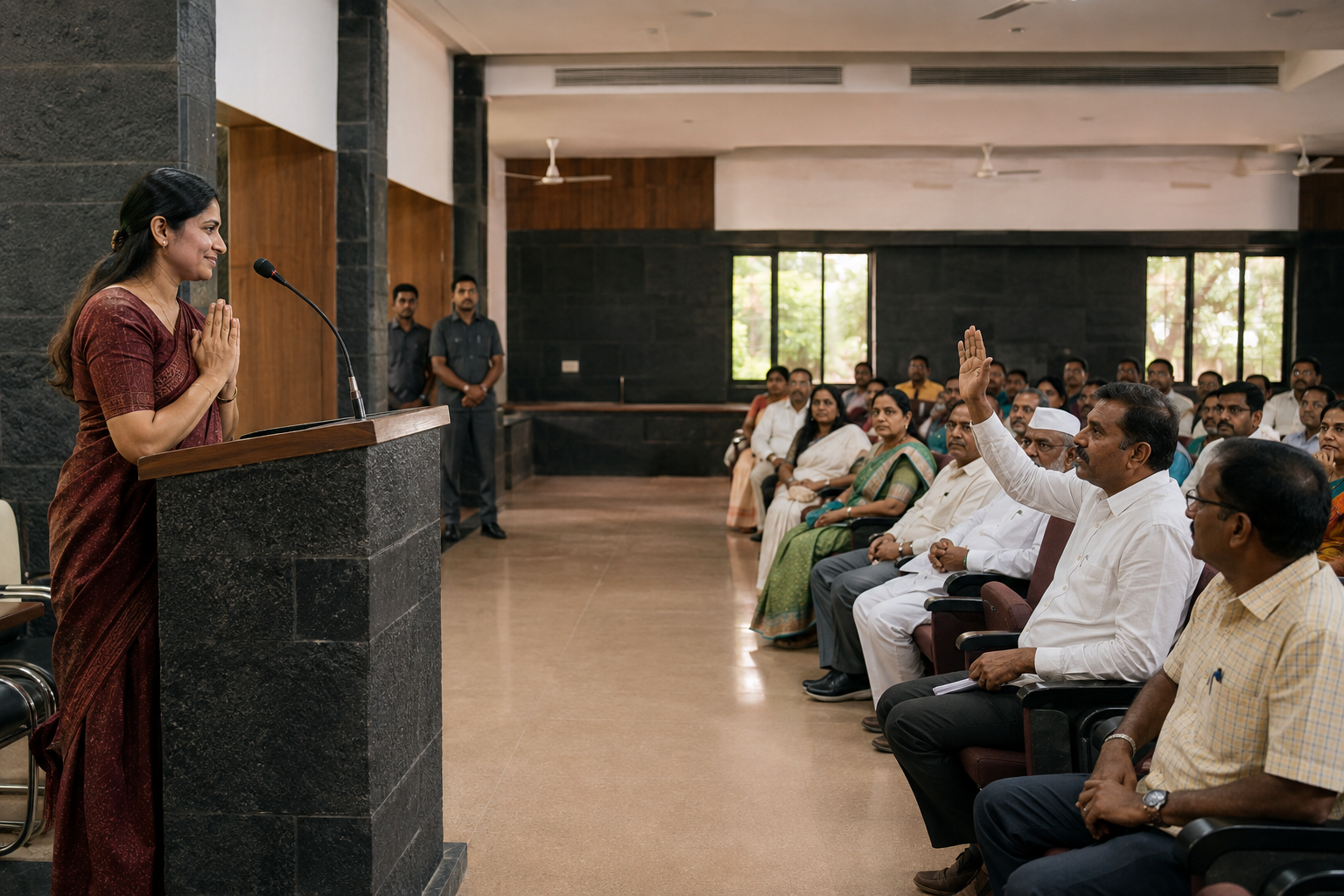 A fictional woman mayor stands at a plain podium as a seated attendee raises a hand in objection during an orderly municipal gathering in western Maharashtra.