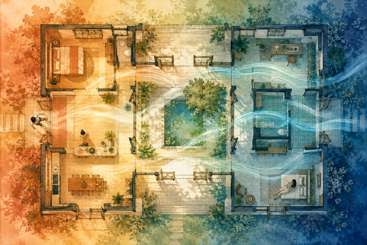A top-down illustrated home with a central courtyard, connected rooms, and bands of light and airflow crossing from one side of the plan to the other.