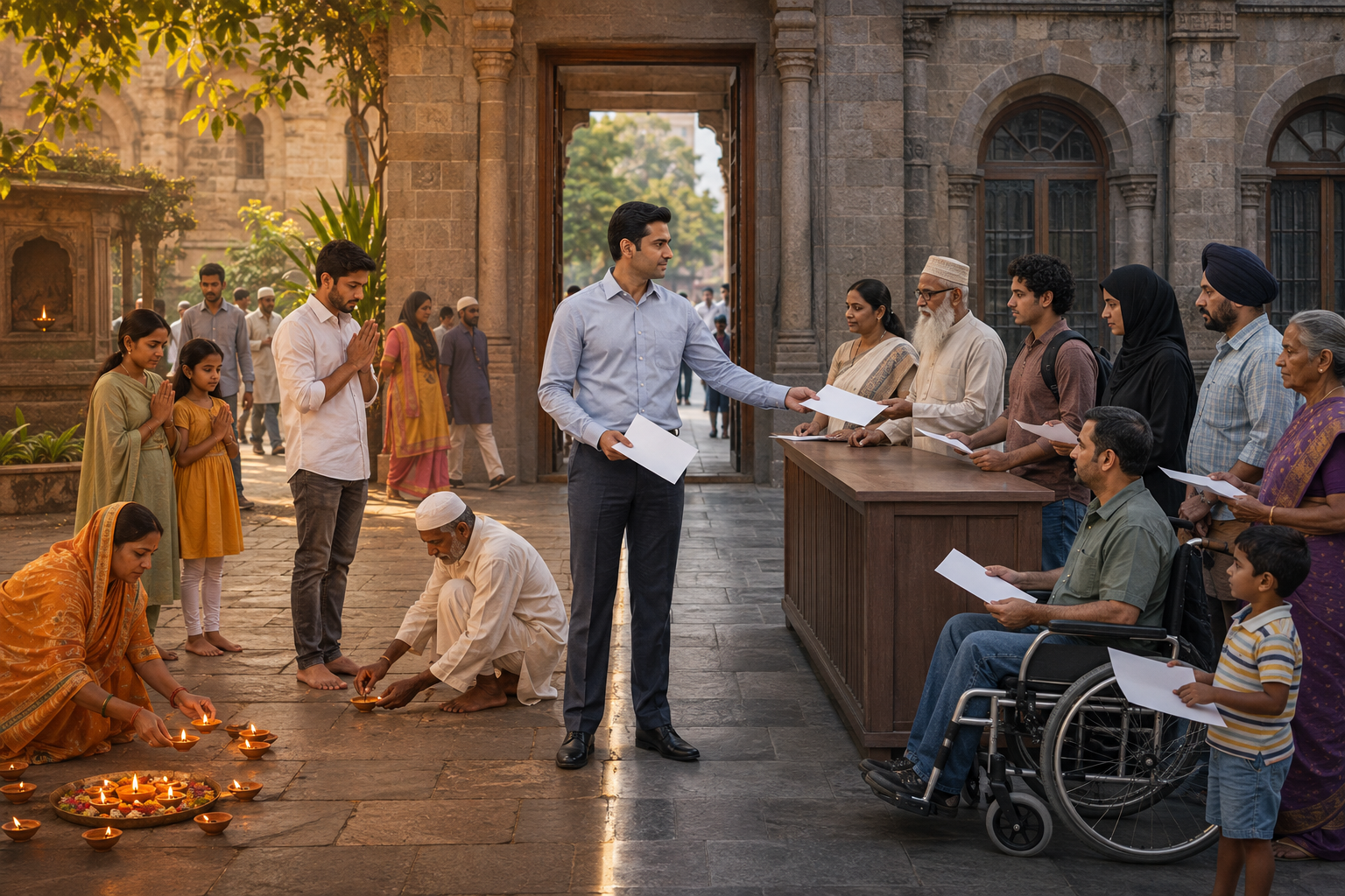 A split municipal courtyard shows citizens voluntarily lighting diyas on one side and a public official serving a diverse queue equally on the other.