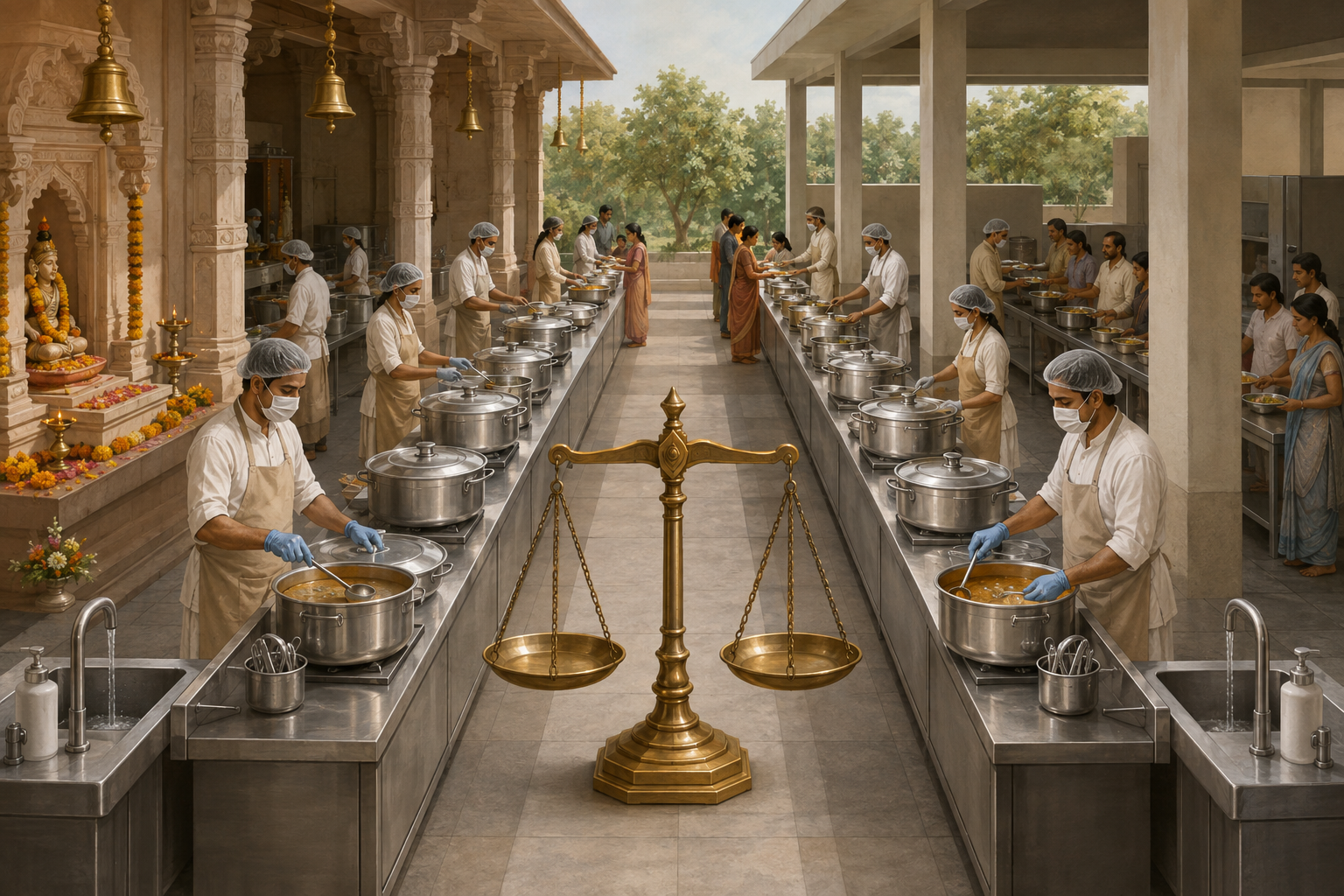 Parallel temple and secular community kitchens follow matching food-safety practices on either side of a balanced scale.