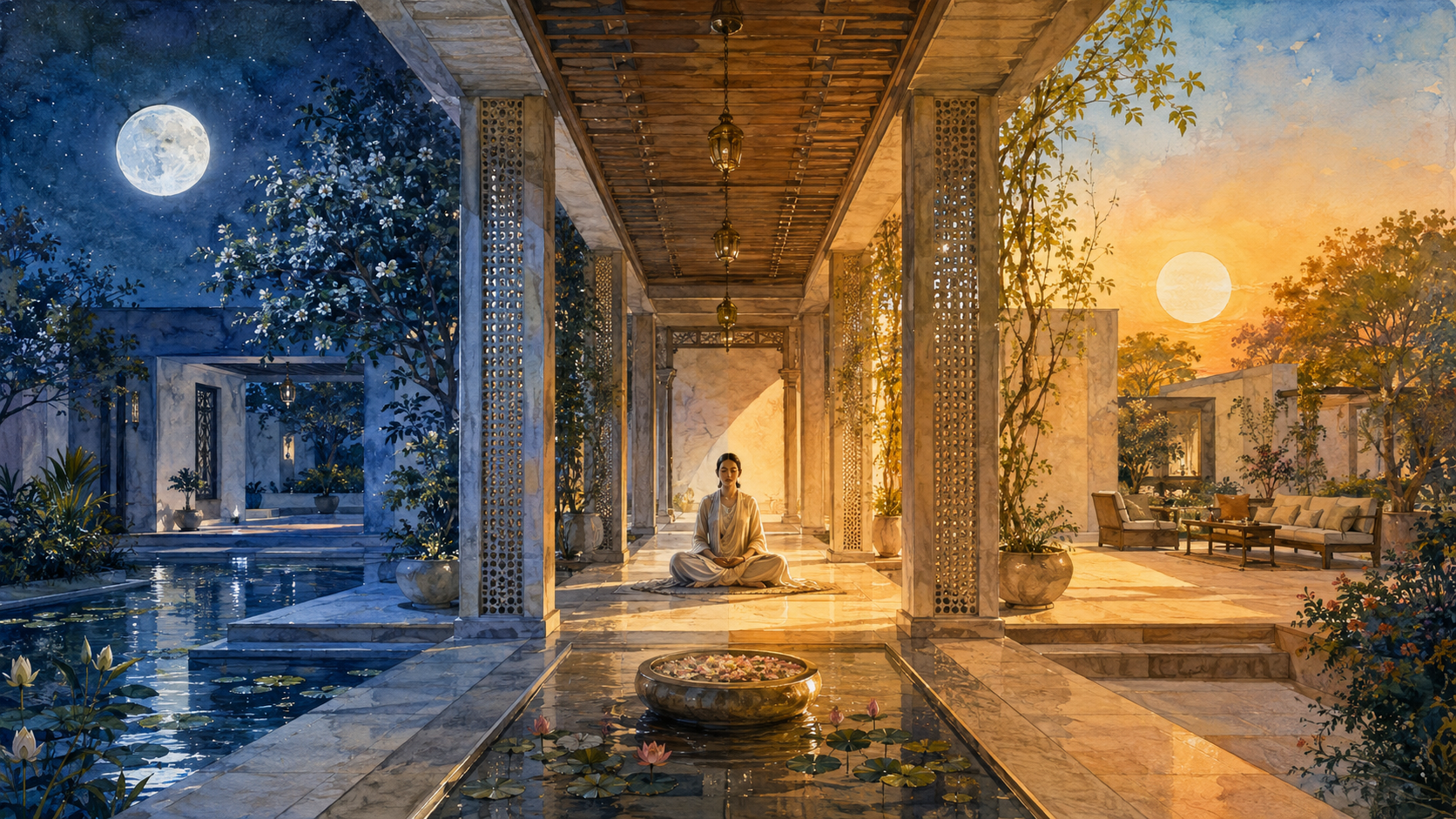 A central colonnade links a moonlit reflecting pool and a sunlit terrace, with a seated figure where the cool and warm light meet.