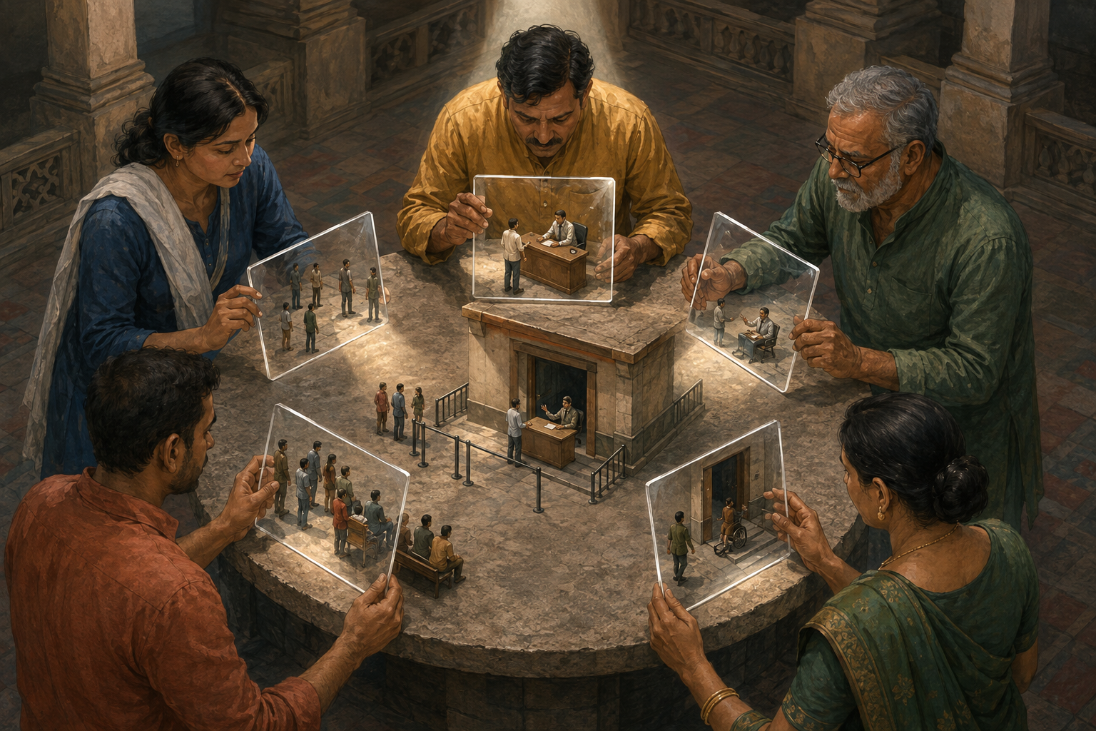 Five citizens examine a shared civic scene through five separate transparent viewing frames arranged around a circular stone table.