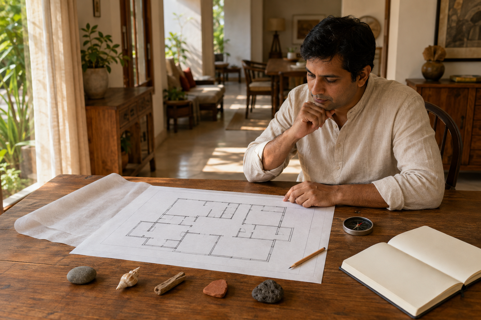 A person studies an unlabeled floor plan with a compass, tracing paper, pencil, and five small markers in a sunlit home.
