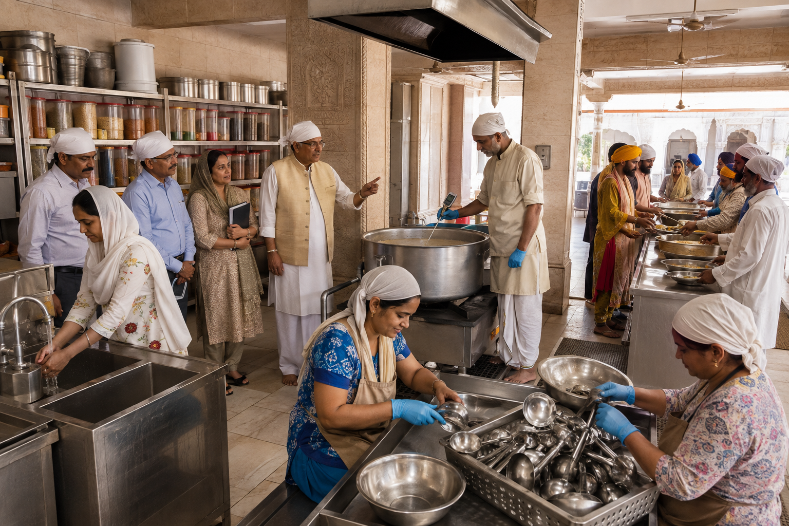 Inspectors and a temple administrator review water, storage, cooking temperature, utensil cleaning, and meal distribution in a community kitchen.