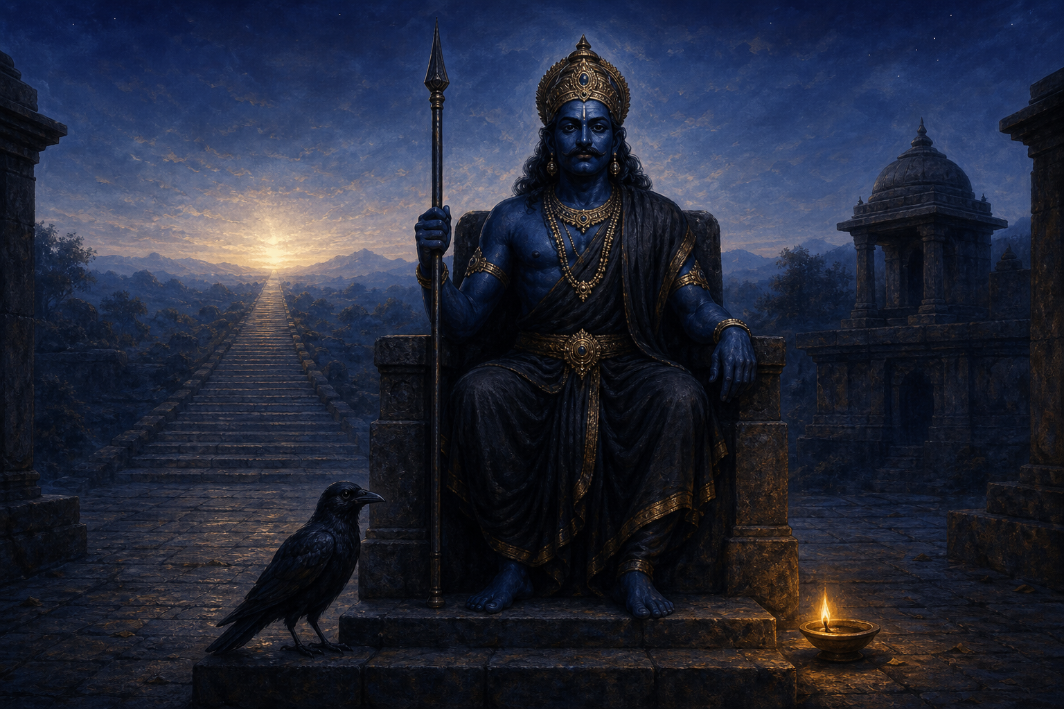 Shani Dev sits on a dark stone throne with an iron staff, a black crow, and a glowing oil lamp in a twilight temple courtyard.