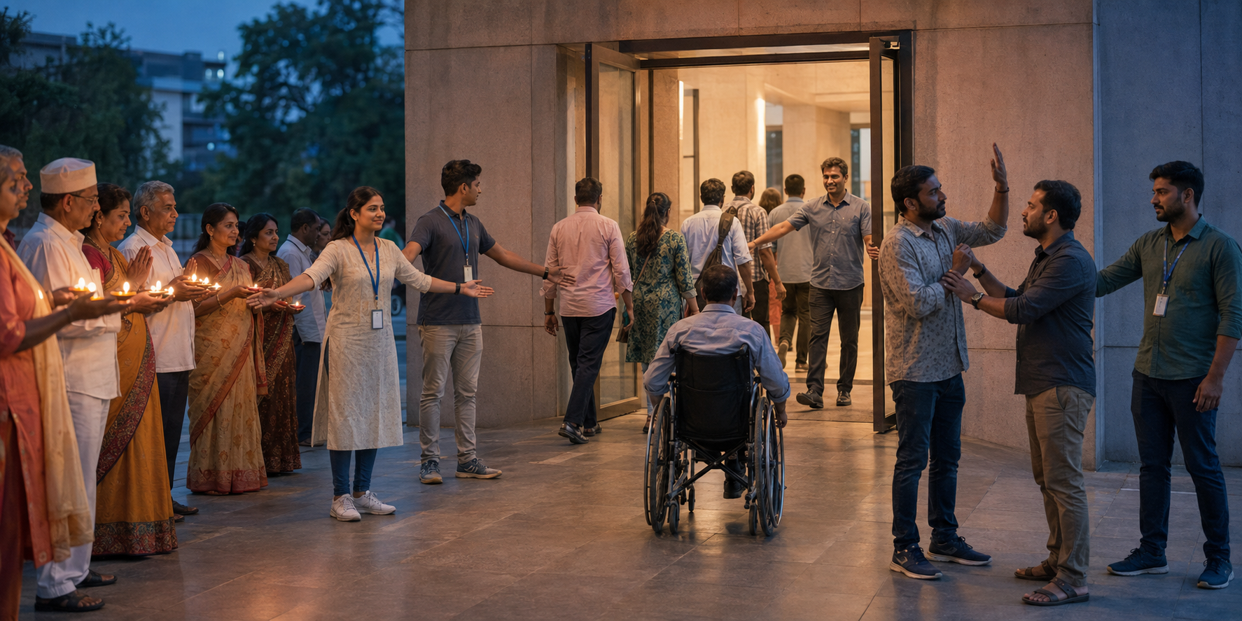 Volunteers preserve an open path to a municipal doorway while one group lights diyas voluntarily and diverse residents enter for public services.