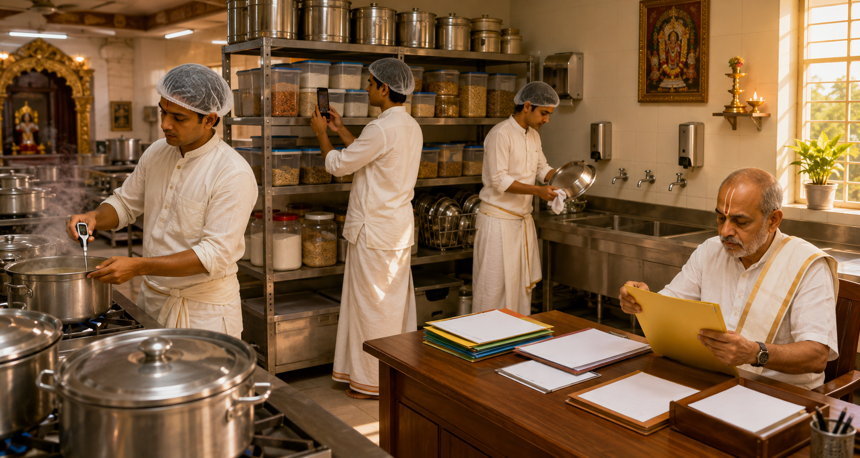 Temple volunteers document cooking temperatures, ingredient storage, utensil cleanliness, and kitchen procedures using plain records and photographs.