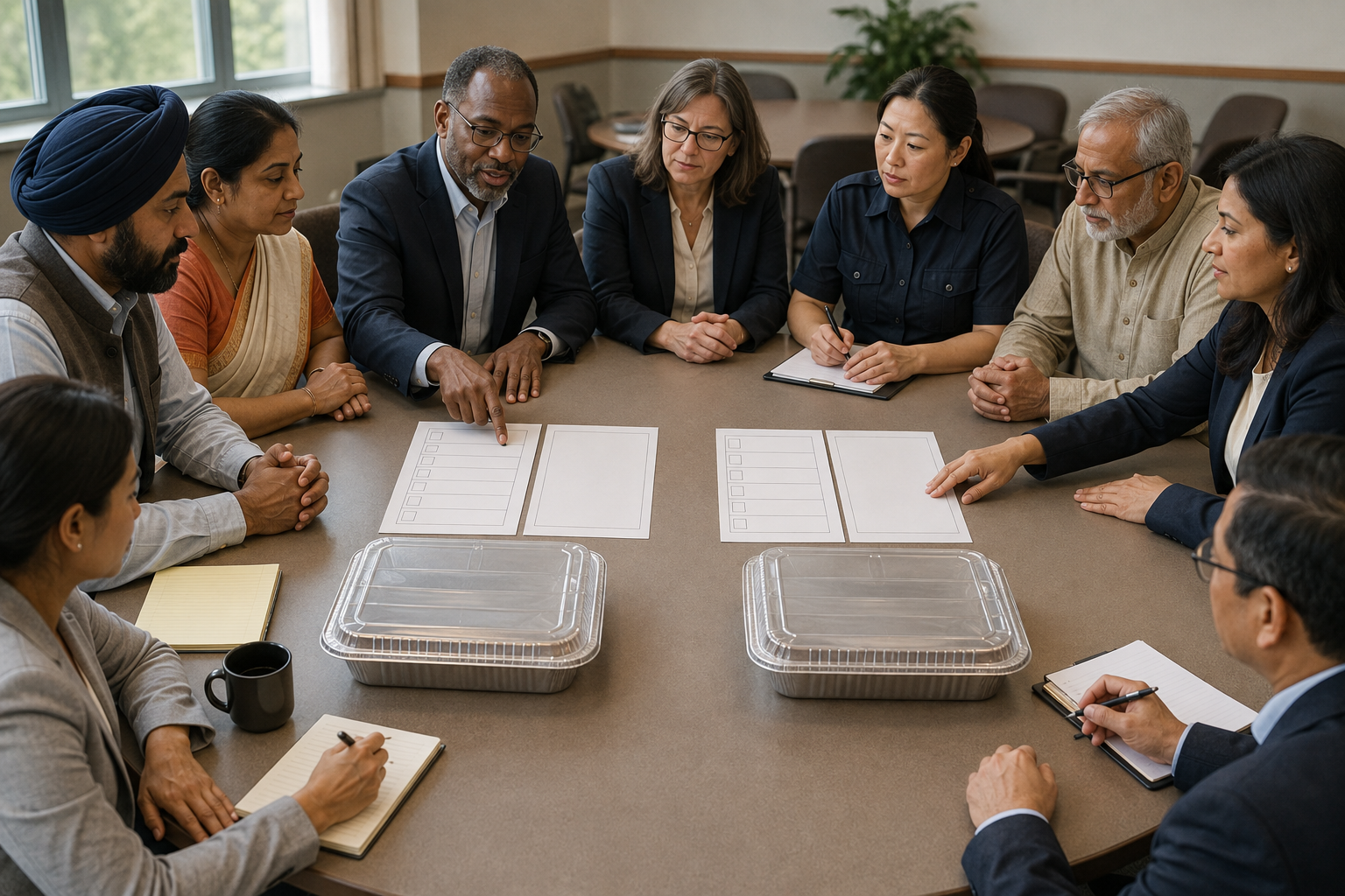 Temple representatives, community meal organizers, officials, and advisers compare matching inspection documents during a round-table meeting.