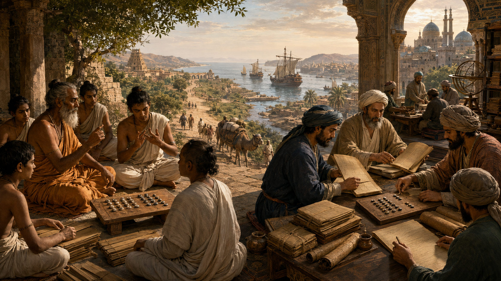 An illustrated Indian teaching circle with palm-leaf folios and counting stones is visually connected by travel routes to a scholarly workshop in Abbasid-era Baghdad.