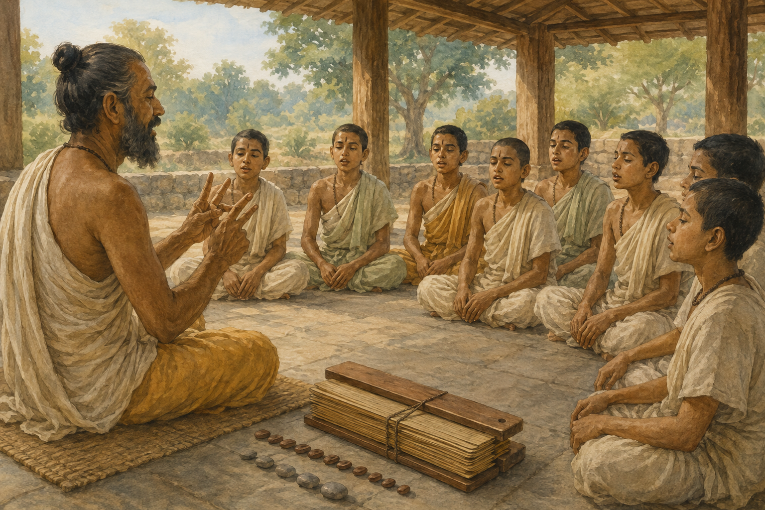 A teacher and students recite together in a pavilion while finger-counting the meter beside tied palm-leaf folios and counting stones.