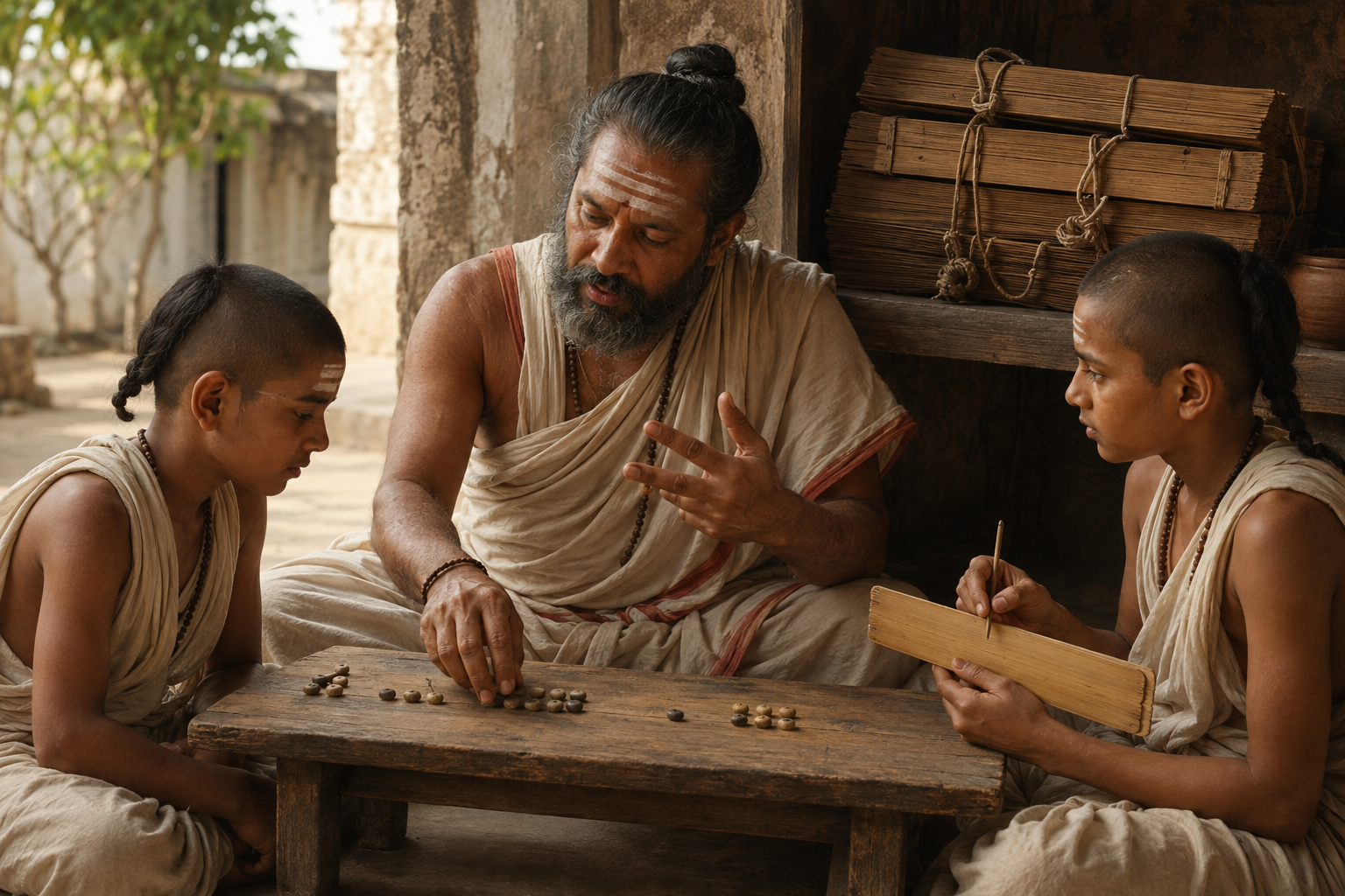 A teacher explains a memorized rule to two students by arranging counters in place-value positions beside a closed palm-leaf manuscript.
