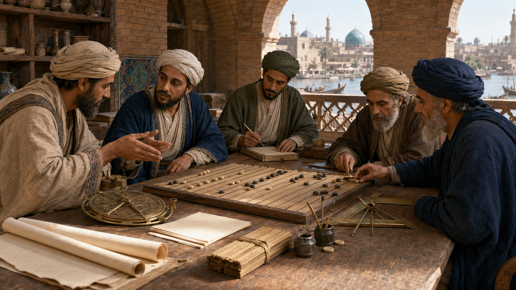 Scholars in an Abbasid-era Baghdad workshop demonstrate, interpret, record, and verify a calculation using counters, manuscripts, and instruments.