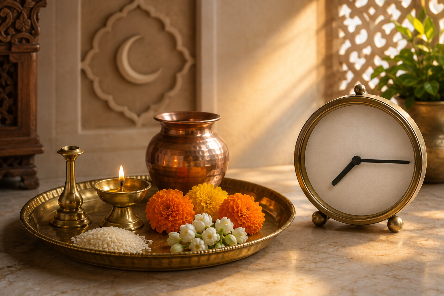 A brass puja tray with flowers, a glowing oil lamp, a copper vessel, and a blank-faced clock showing quarter past seven in morning light.