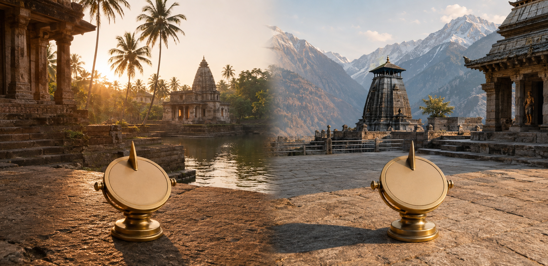 Two Indian temple courtyards in different landscapes receive morning light at different angles beside matching unmarked brass timepieces.