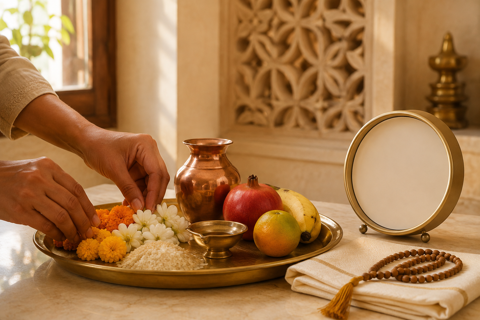 Hands arrange flowers, rice, fruit, a copper vessel, and an oil lamp on a brass puja tray beside an unmarked clock.