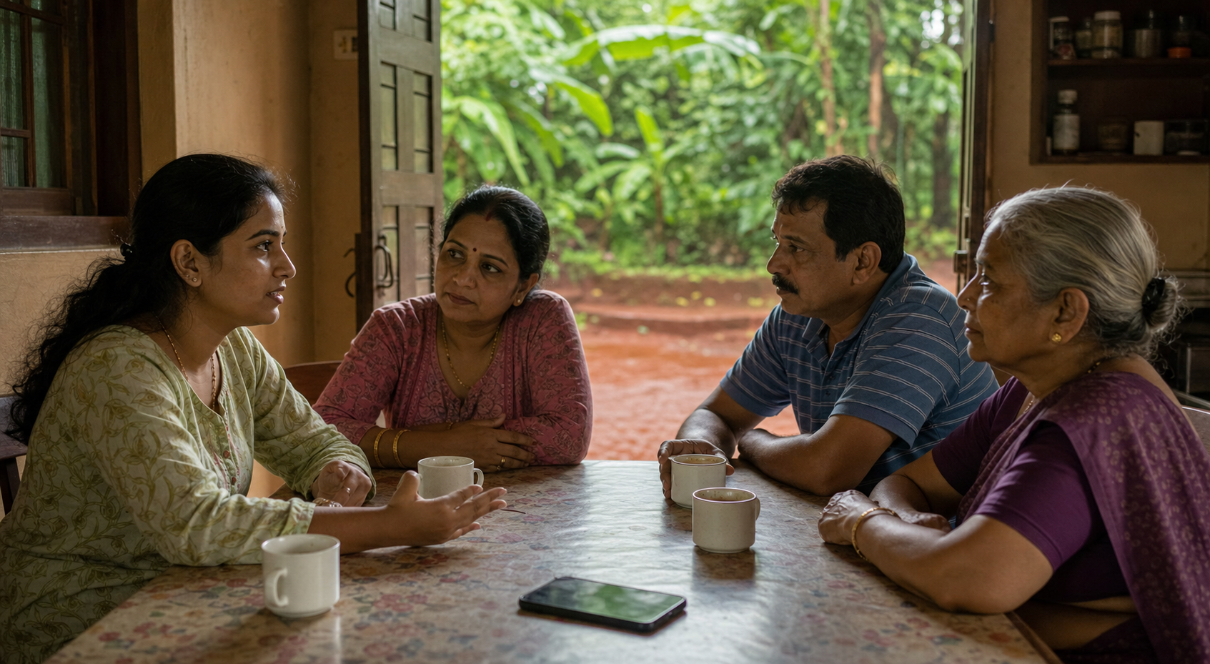 A young woman speaks with her parents and grandmother around a table in a coastal Maharashtra home.
