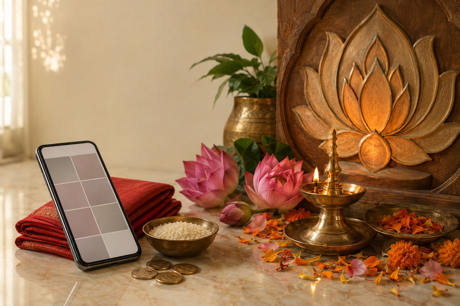 A smartphone beside a home puja setting with a brass oil lamp, lotus flowers, marigold petals, rice, red cloth and offered coins.