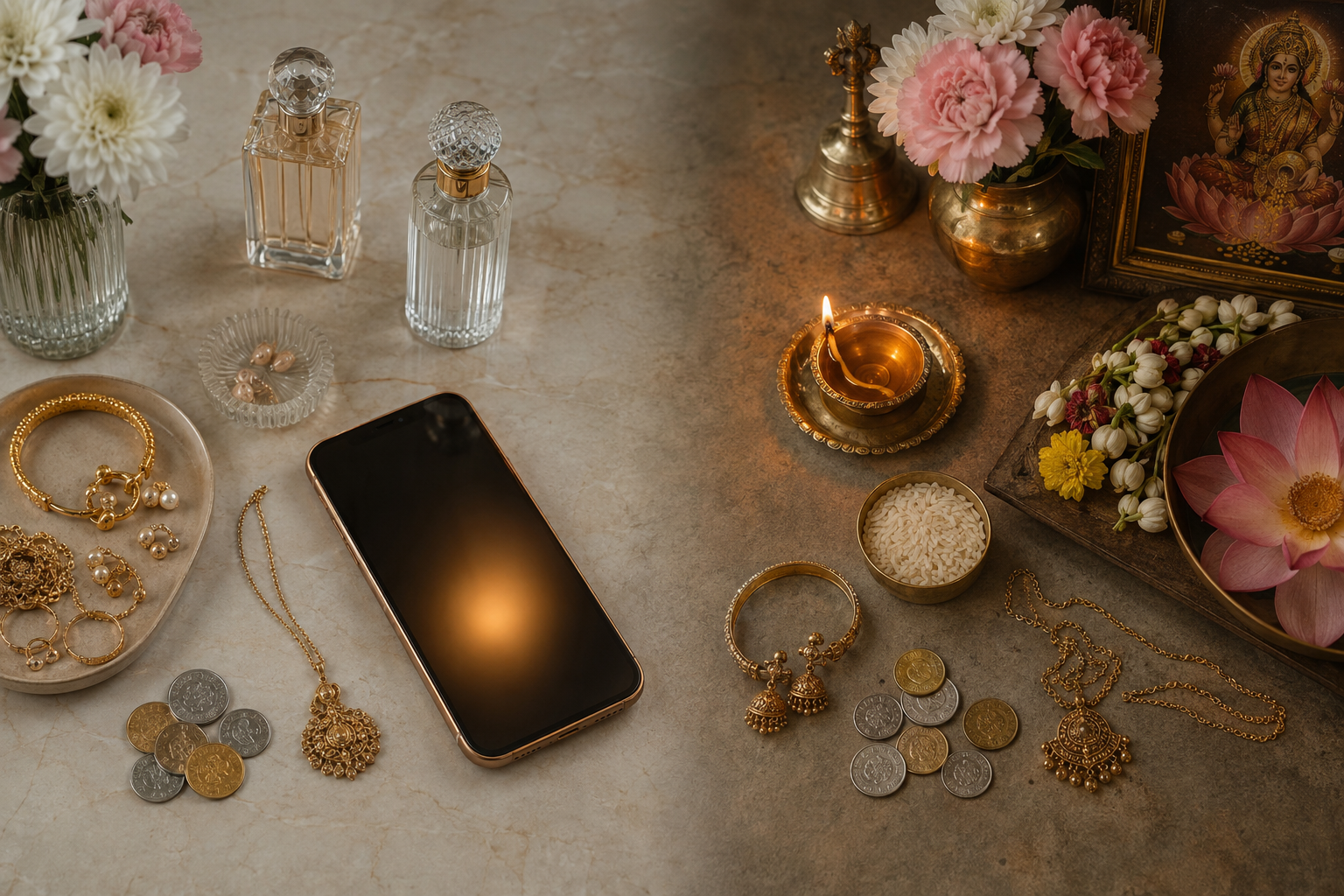 Two arrangements of flowers, jewellery and coins, one styled at a vanity and the other placed as offerings beside a lit diya in a prayer space.