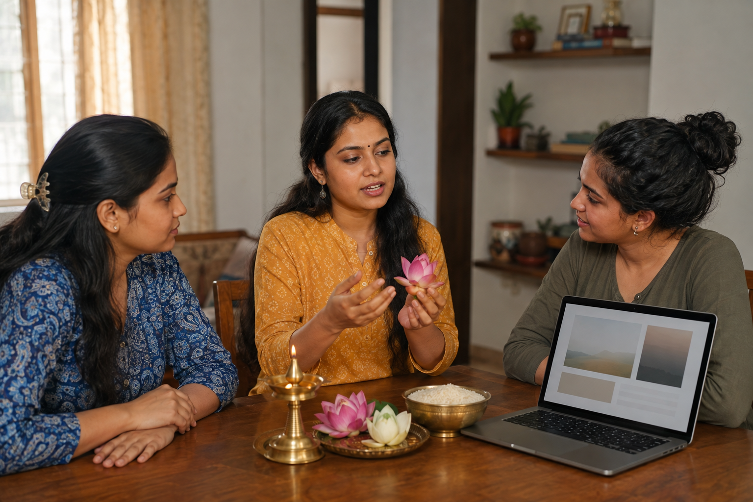 A Hindu woman discusses a small home puja arrangement with two attentive friends while an open laptop sits nearby.