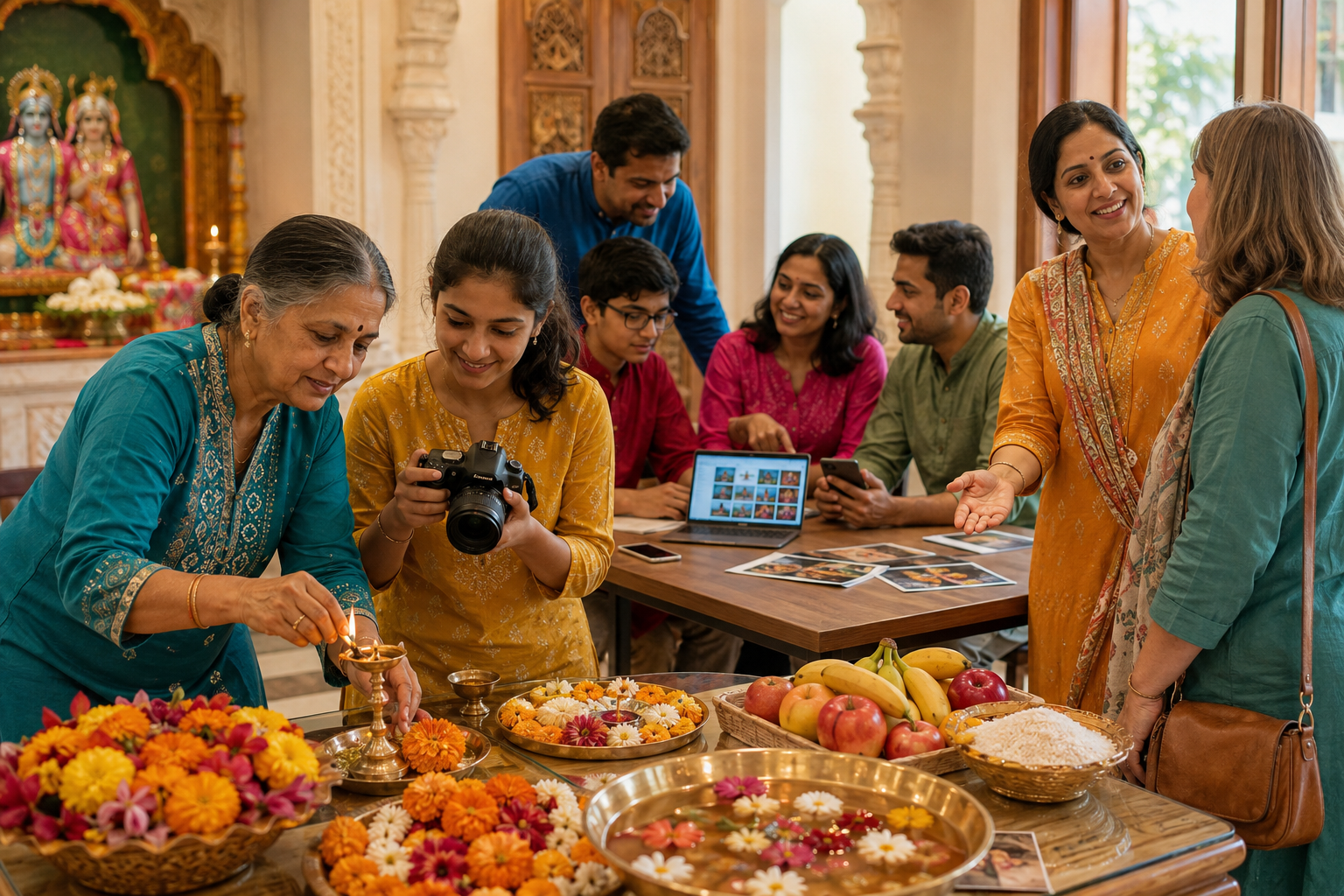 Hindu community members of different ages create digital content while an elder demonstrates a flower and lamp offering to younger participants and a visitor.