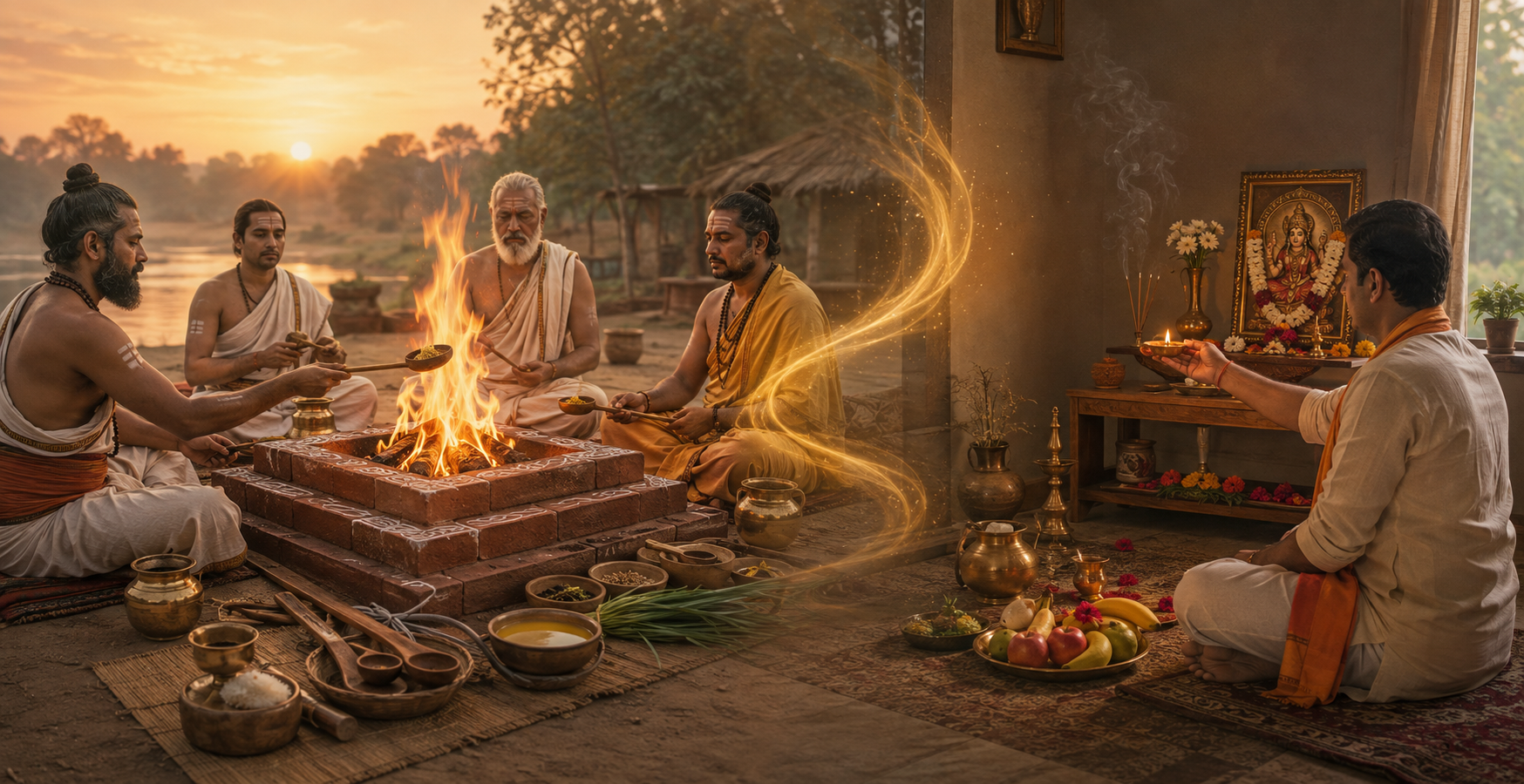 A Vedic fire ritual transitions into a modern home puja, linking offerings at a fire altar with flowers and a lamp at a household shrine.