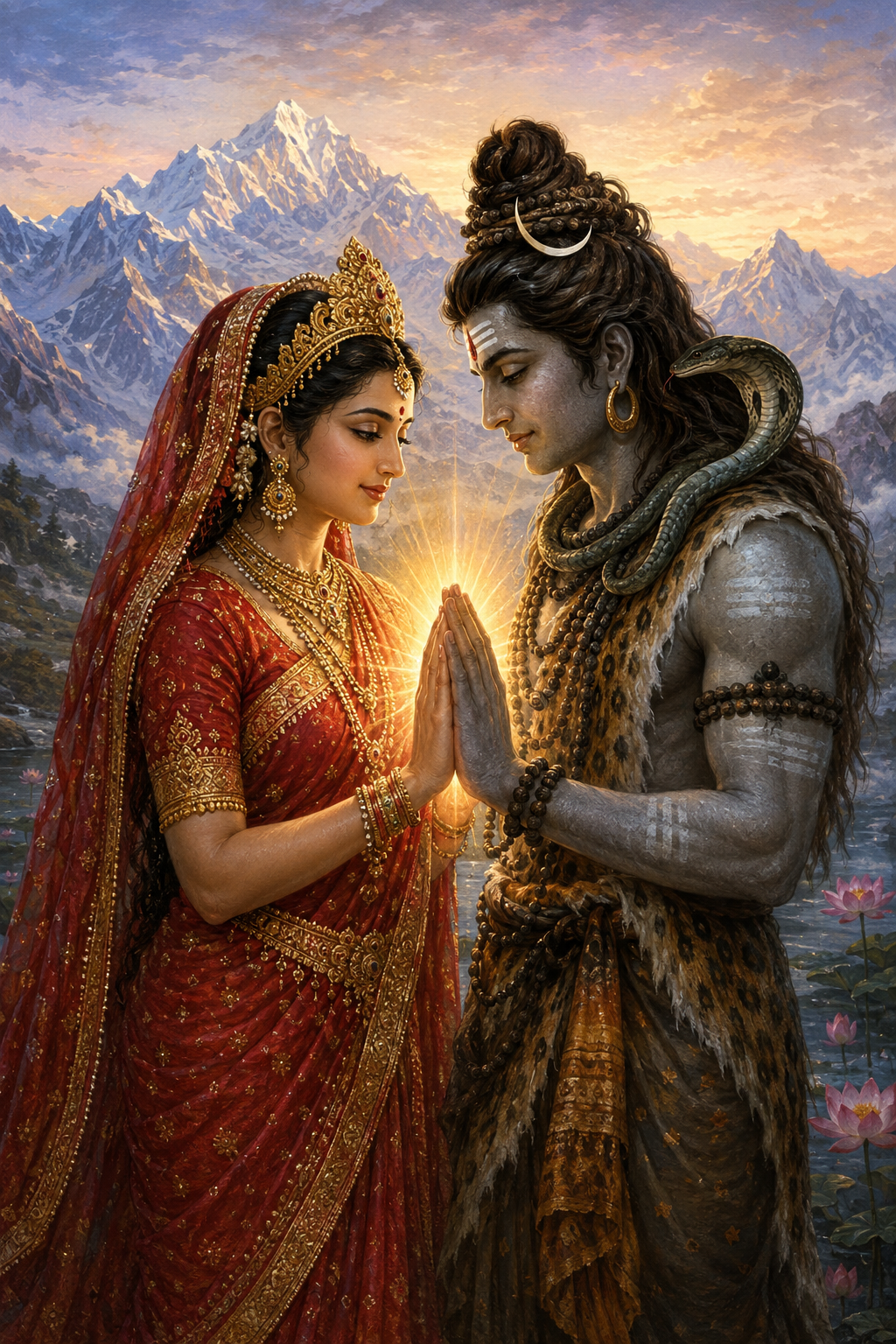 Bhavani and the ash-smeared Shiva join hands before the Himalayas as golden light radiates around them.
