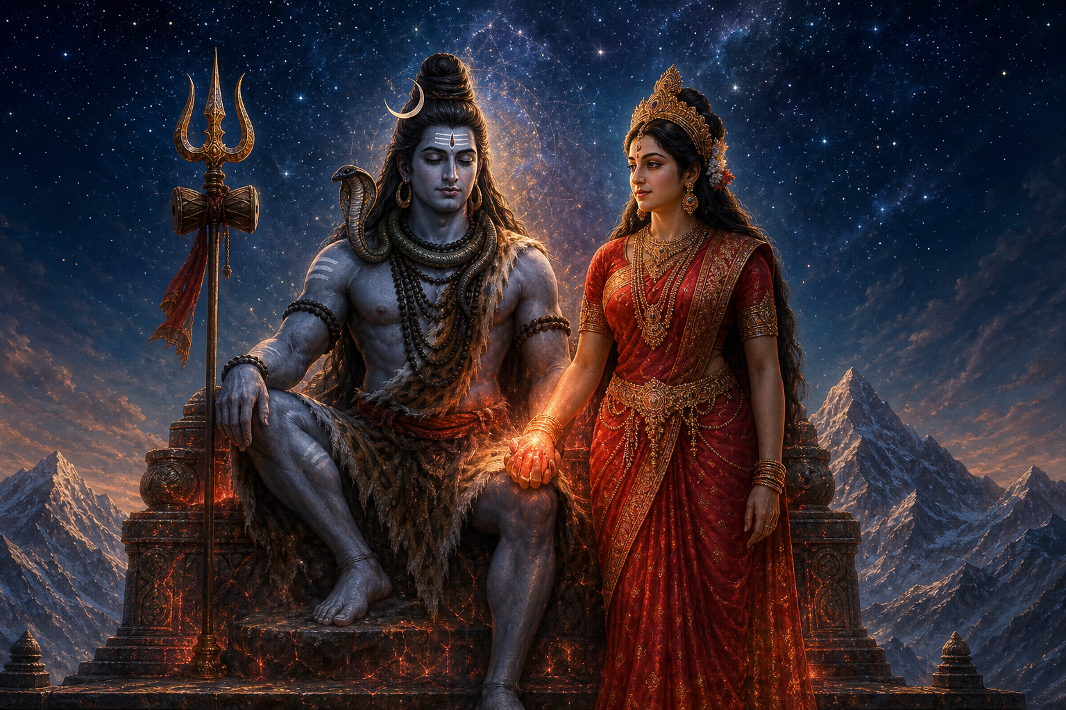 Shiva sits on a stone throne beside Bhavani while light from their joined hands spreads across the seat.