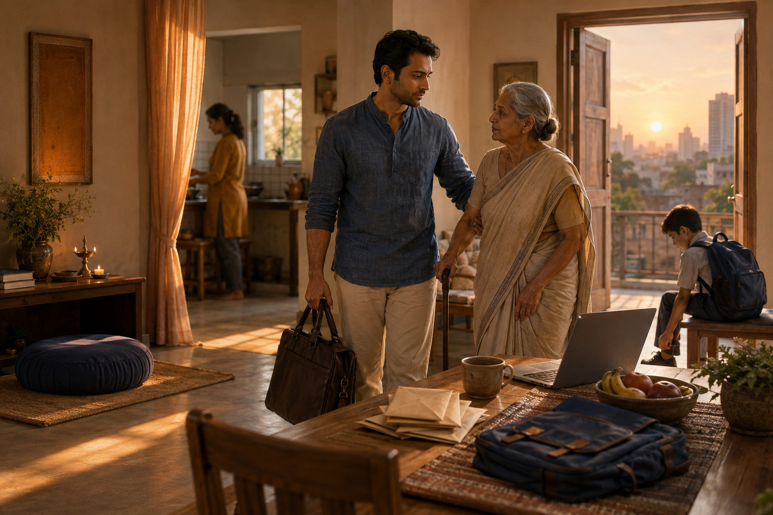 A calm householder moves from a meditation corner into a home where work and family responsibilities await at dawn.