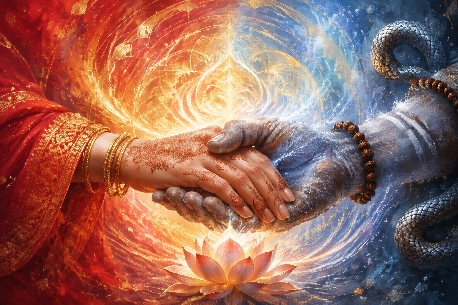 Bhavani's bangle-adorned hand gently holds Shiva's ash-covered hand above an open lotus.