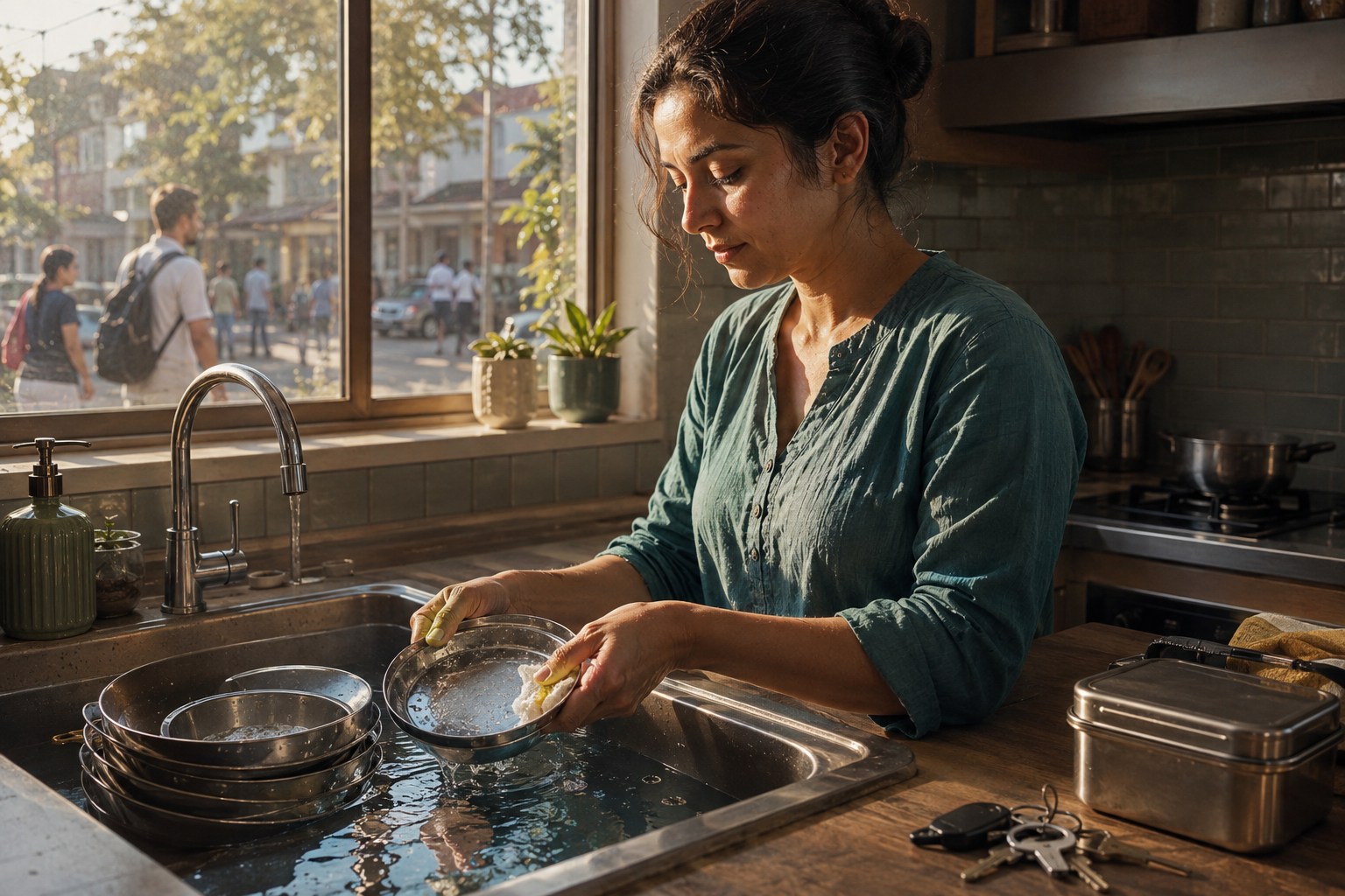 A composed person washes dishes in a sunlit kitchen while a neighborhood begins its morning outside.