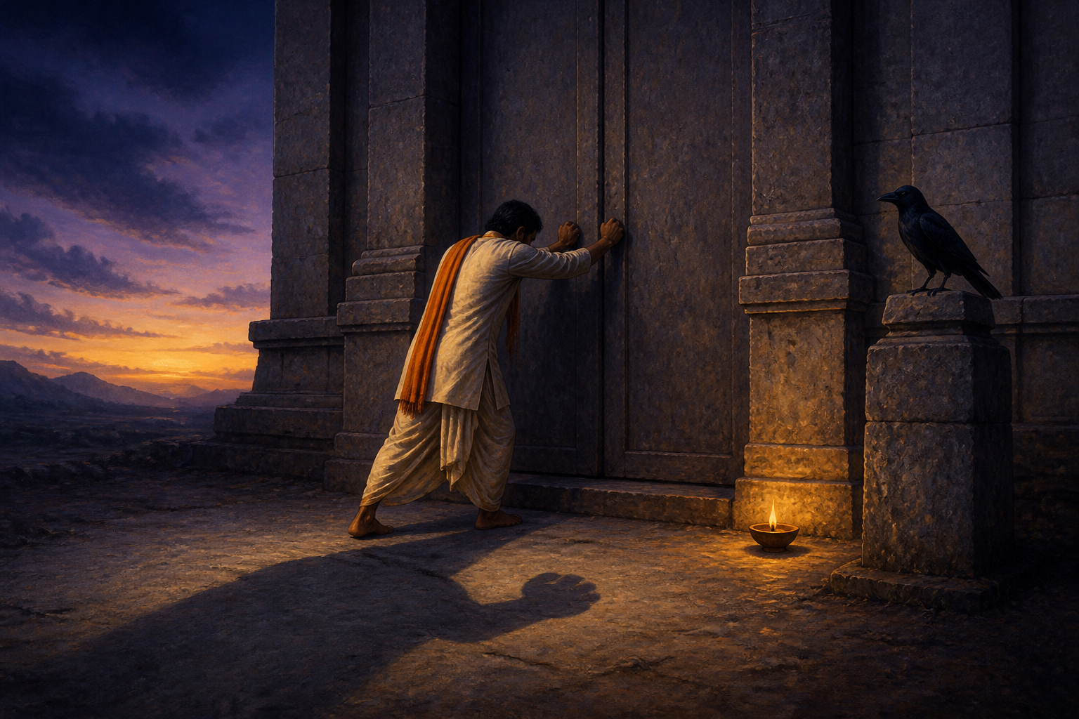 A tense devotee faces a closed stone gateway while a small oil lamp burns and a black crow watches from a pillar.
