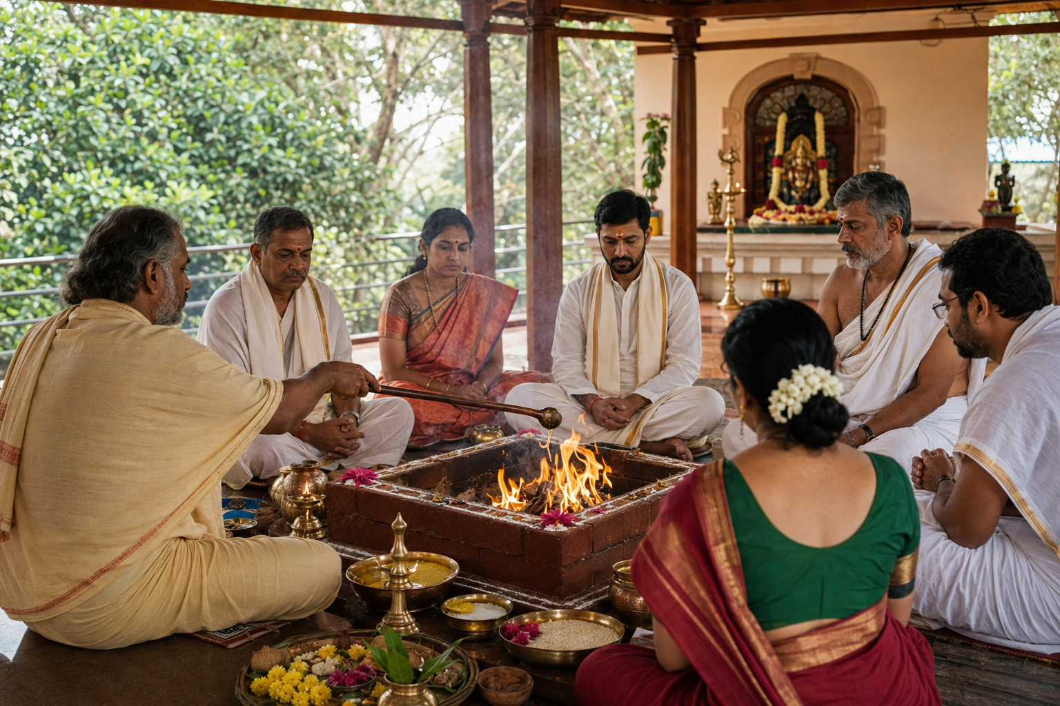 Priests and household participants sit around a square fire altar during a contemporary yajna in an open-sided pavilion.