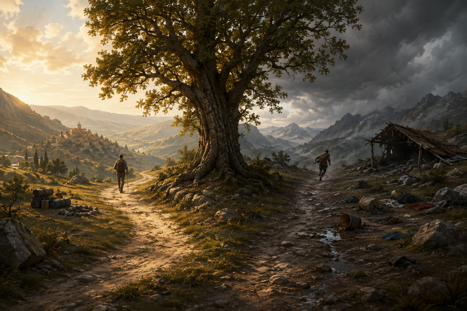Two travelers take different paths, one leaving a campsite orderly and the other leaving scattered belongings beside an abandoned shelter.